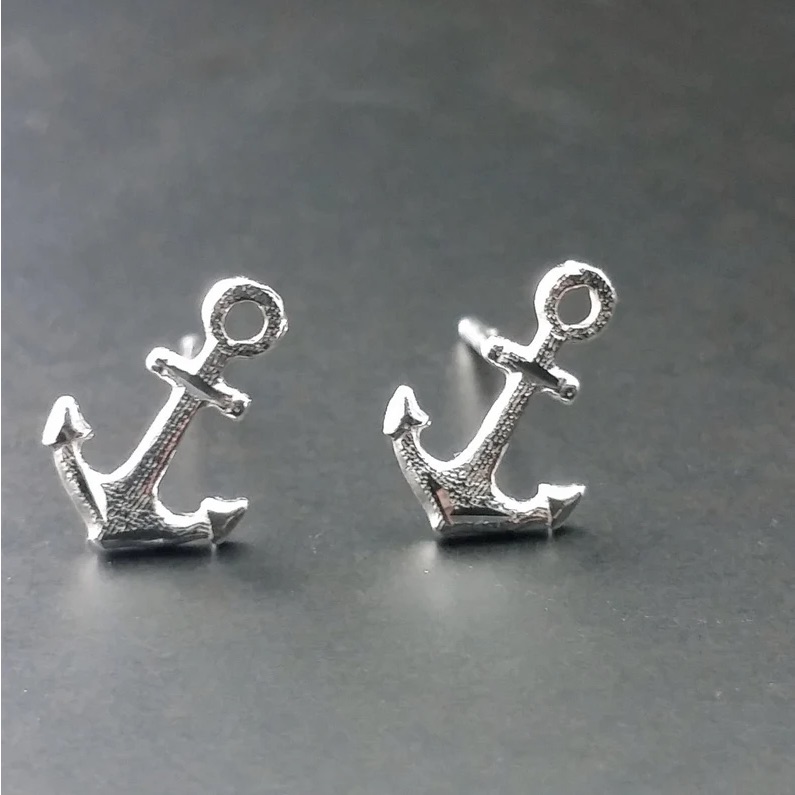 14k Solid White Gold Anchor Earrings